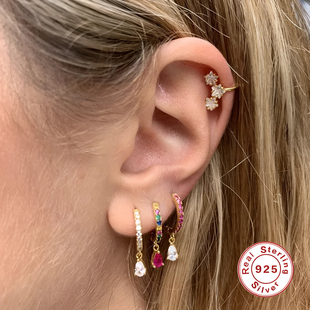 Geometric water drop earrings in Sterling Silver with electroplated gold finish and purple diamond stones