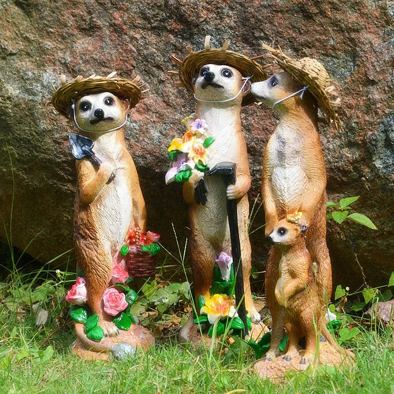 Plastic resin mongoose ornament set with straw hats and gardening tools for bonsai decoration