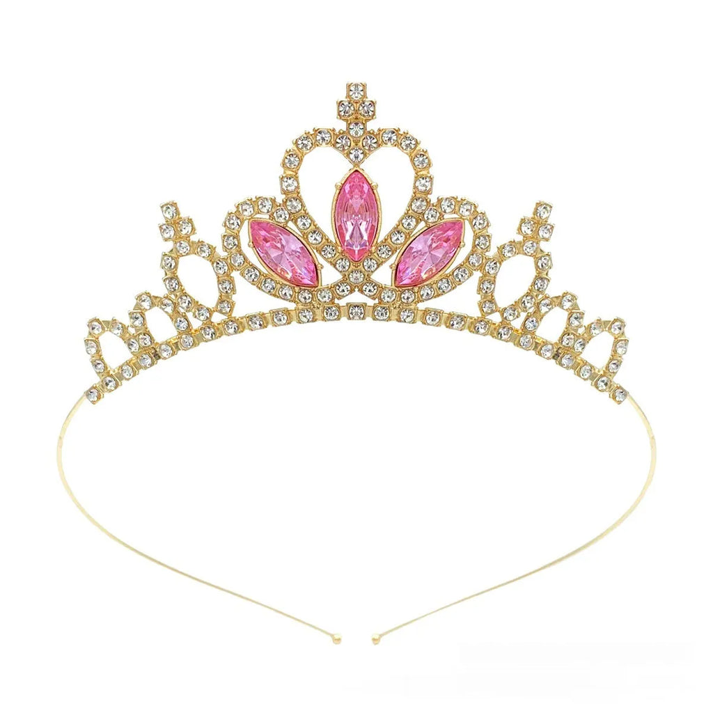 Girl's electroplated alloy princess crown headdress in gold and silver colour variations with gemstone-effect finishes.