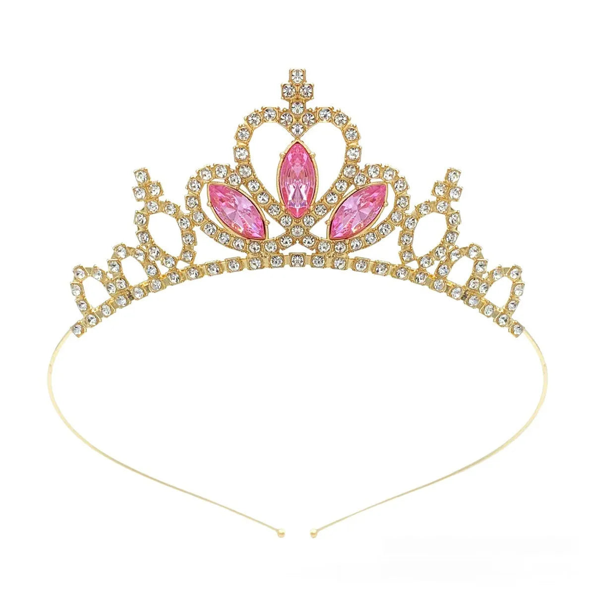 Girl's electroplated alloy princess crown headdress in gold and silver colour variations with gemstone-effect finishes.