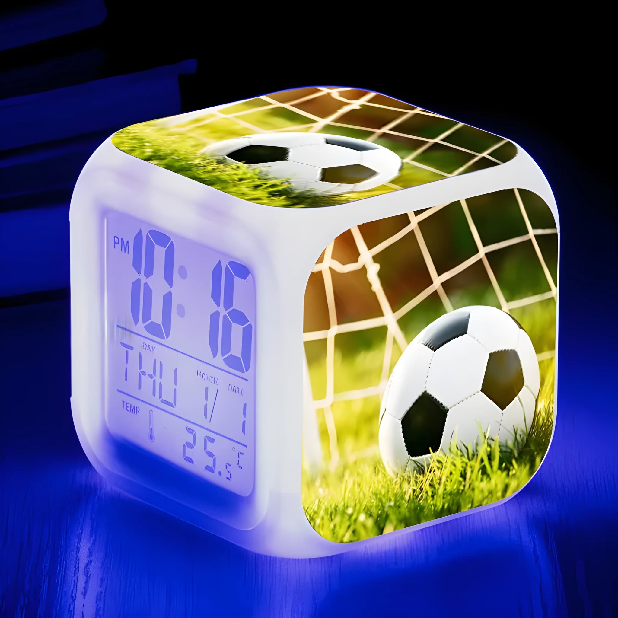 Colourful cartoon football pattern square alarm clock with mute function and USB cable