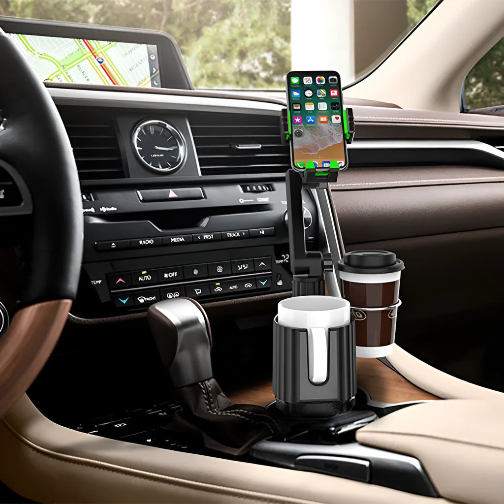Green car drink rack with kettle holder and mobile phone slot showing 3kg capacity