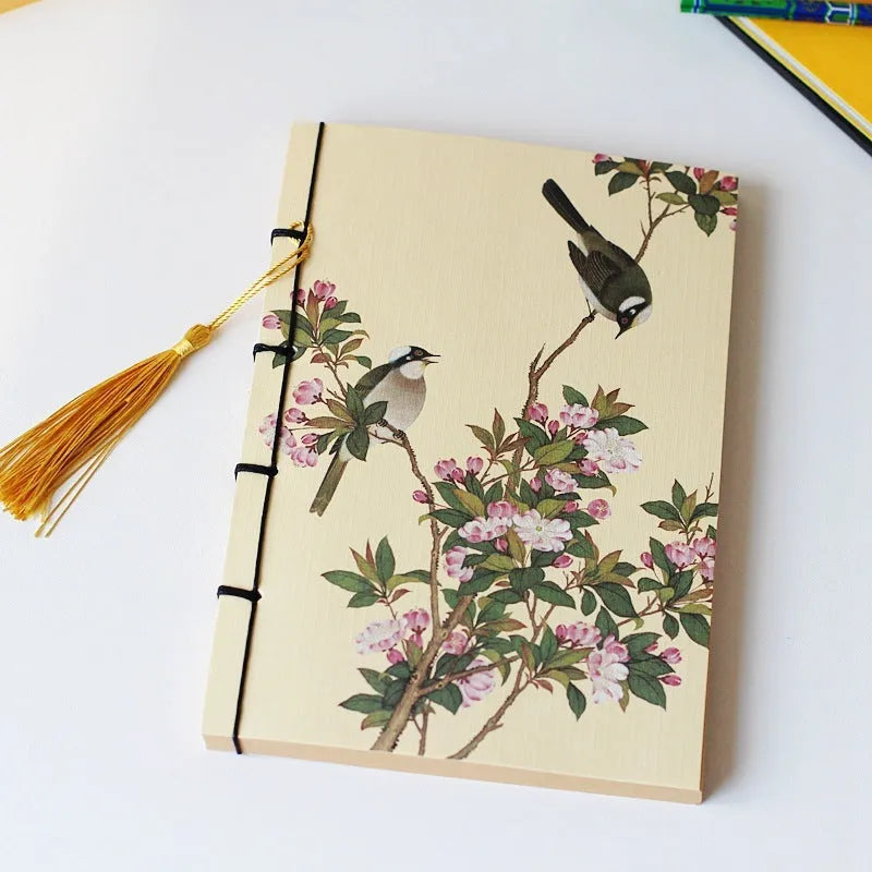 A5 antique wire-bound notebook with retro painting design on white cowhide cover