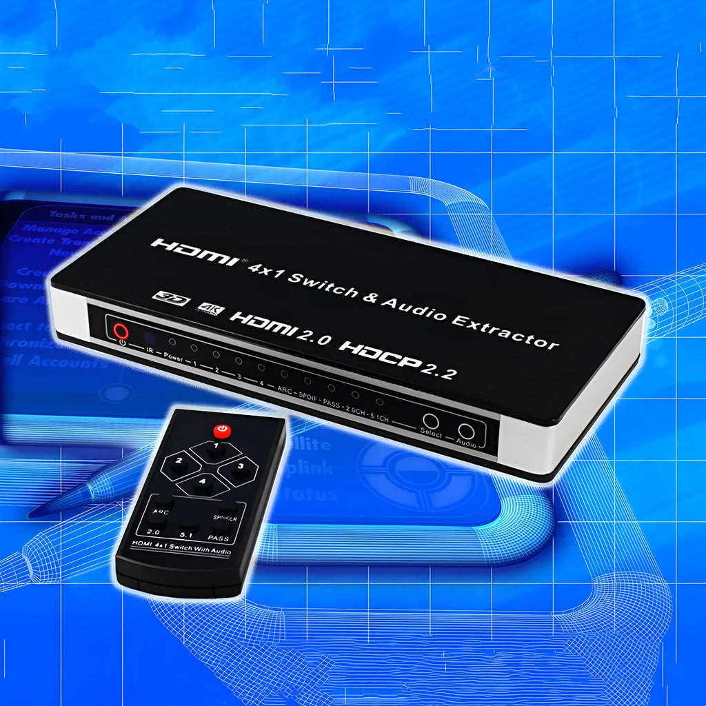 Black 4 input 1 output HDMI audio video switch with remote control on a table