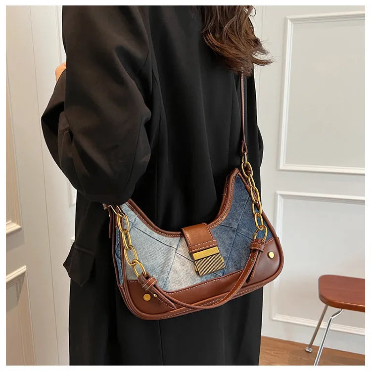 Brown denim women's shoulder bag with chain strap and diamond mesh detail