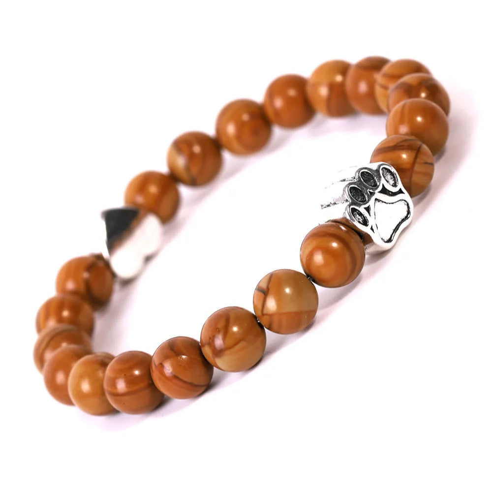 Indian agate stone bracelet with geometric dog's paw charm and heart detail on round beads