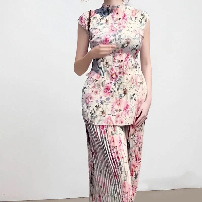 Long sleeve printed chiffon dress with high waist and matching top, shown in picture colour.