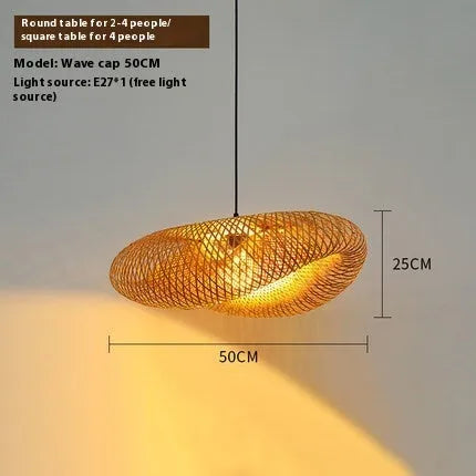 Bamboo straw hat-shaped hanging pendant lamp with woven construction in three diameter sizes