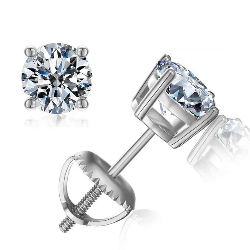 Silver four-claw screw-back stud earrings with a geometric moissanite stone.