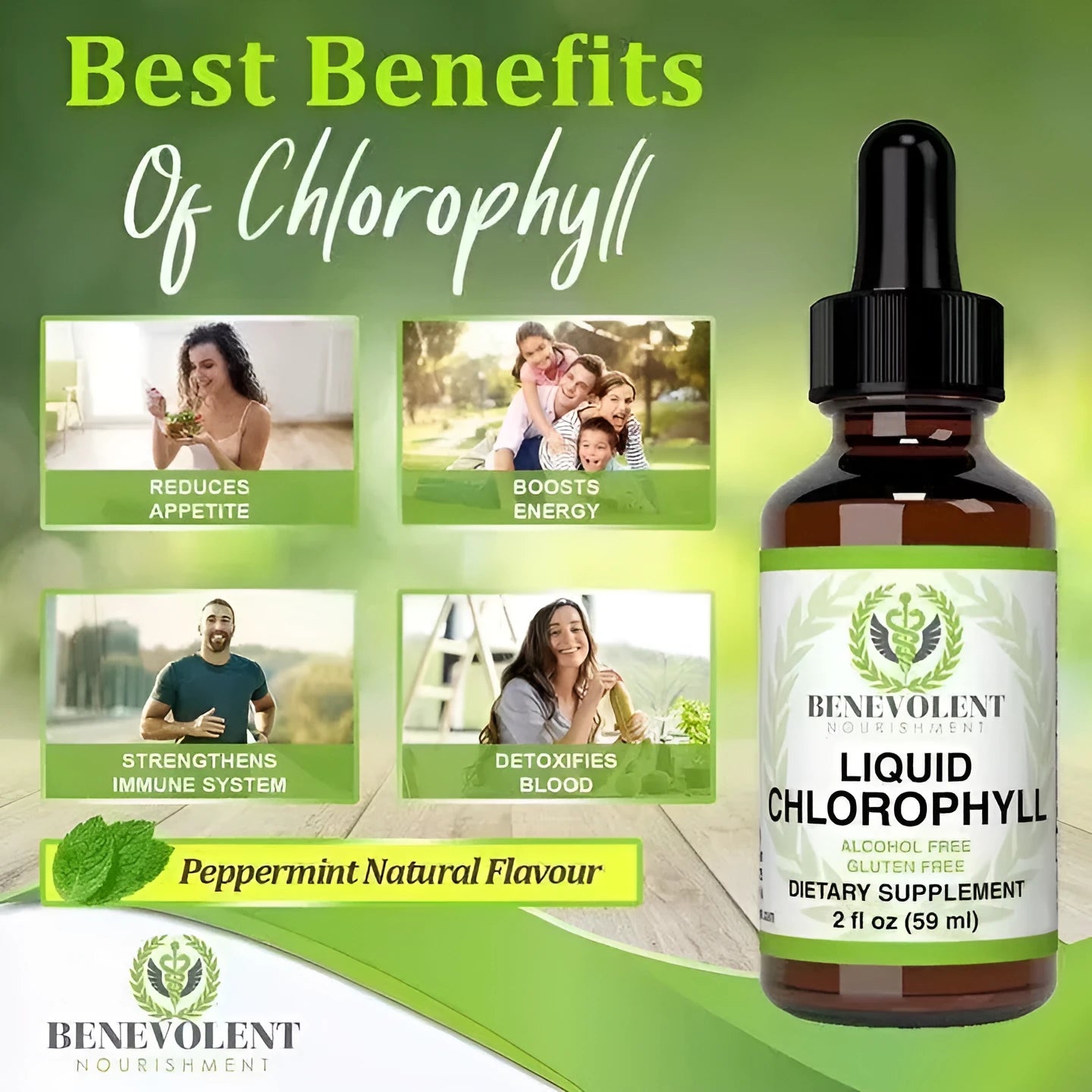 60ml bottle of Natural Body Odor Intestinal Care Liquid Chlorophyll Drops with dropper.