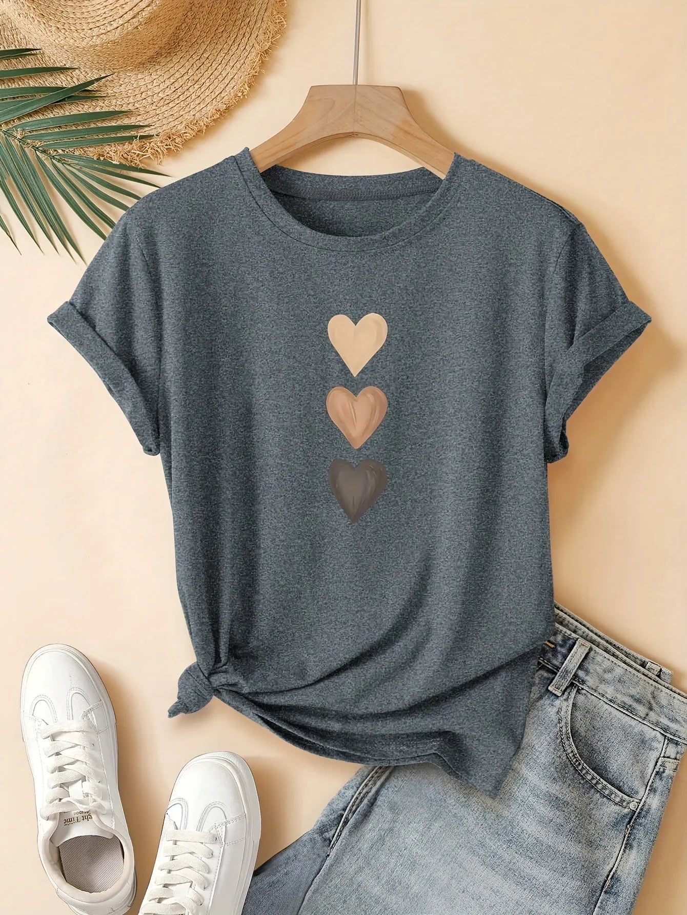 Women's art retro print cotton t-shirt in dark grey, showing short sleeves and round neck.