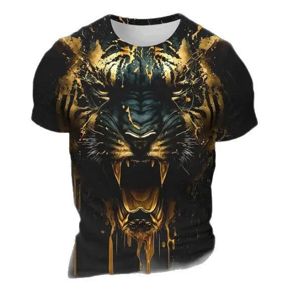 Men's 3D tiger pattern printed T-shirt in polyester bird eye cloth fabric with short sleeves