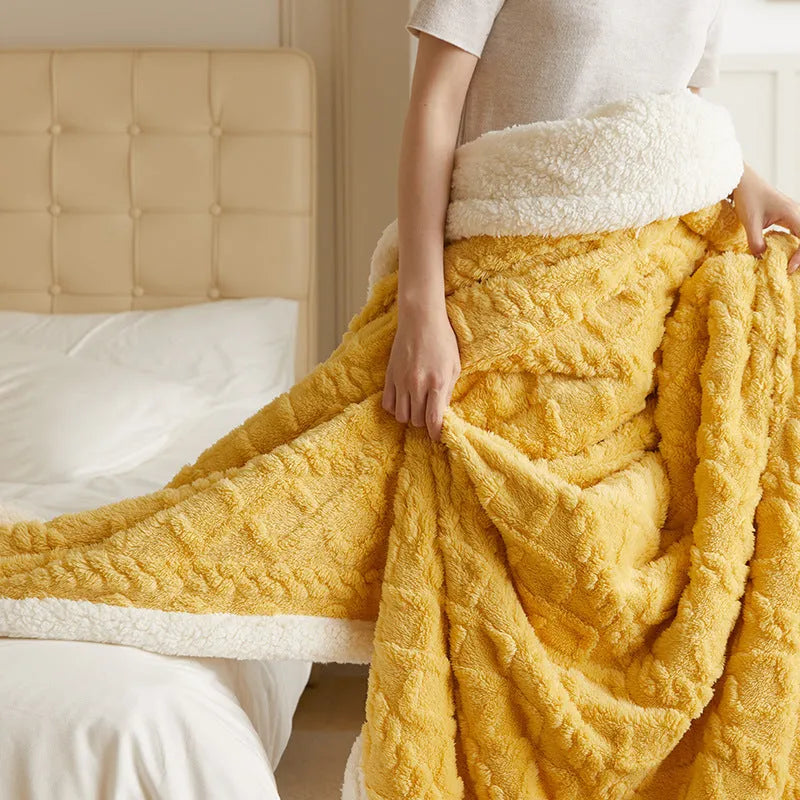 Polyester thermal flannel winter blanket in beige colour, laid flat showing its 180x200cm size and textured fabric.