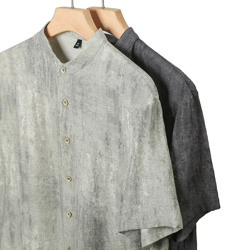 Men's loose fit linen blend stand collar shirt in cardigan style, solid colour options Black Grey or White Grey