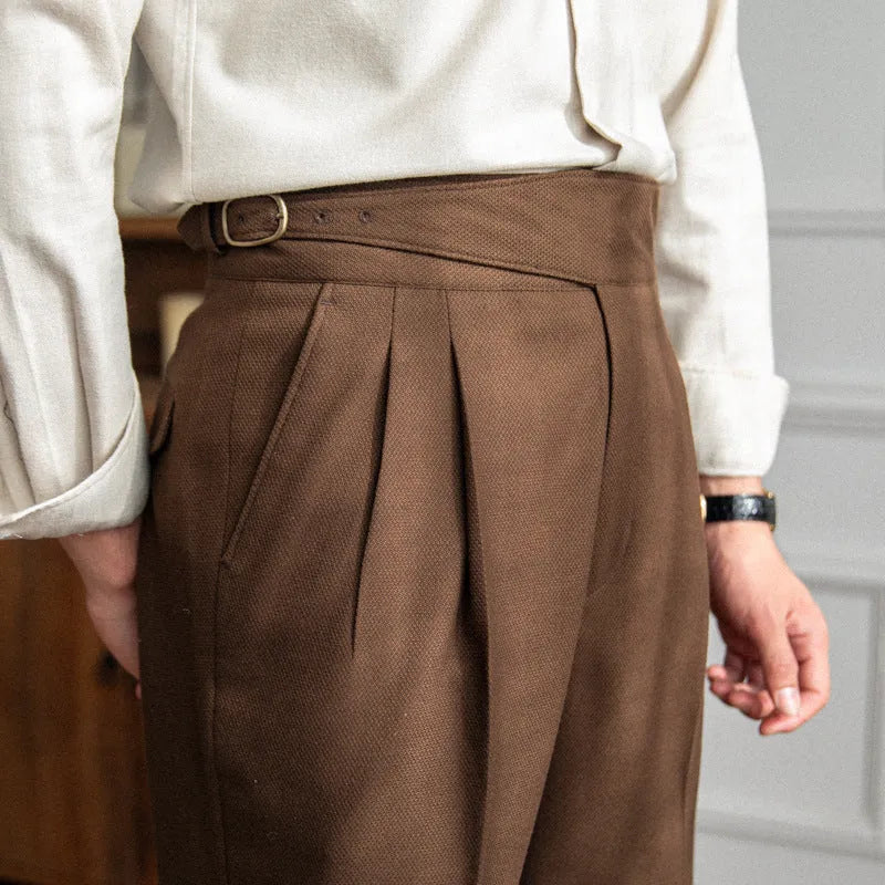 Men's high-waist straight-leg casual trousers in black, shown flat.