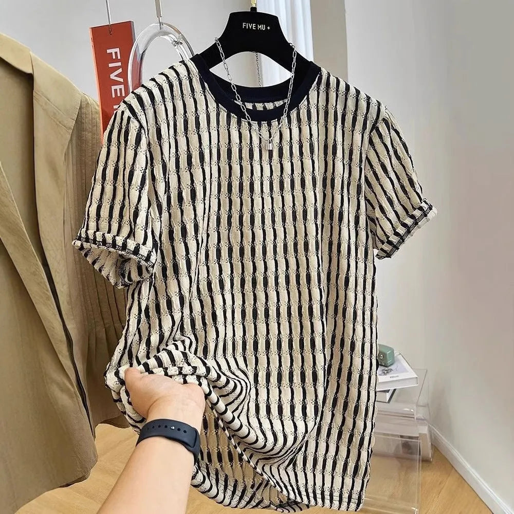Black striped short sleeve men's shirt with loose fit and linen-silk fabric