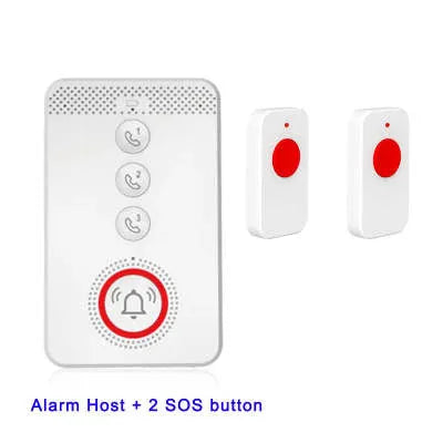 White emergency alert system with one buzzer unit and three wireless call buttons for elderly care