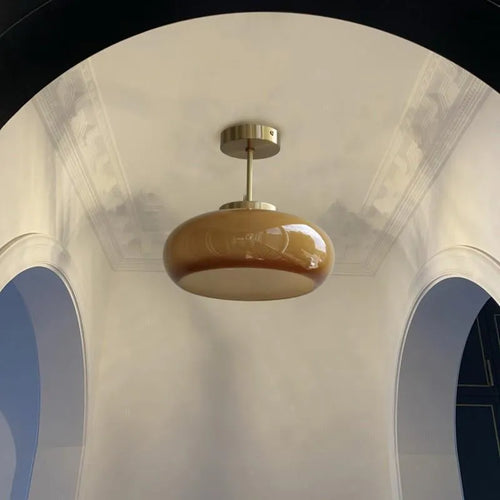 Bauhaus three-headed glass egg tart pendant light in retro style, shown in milk white.