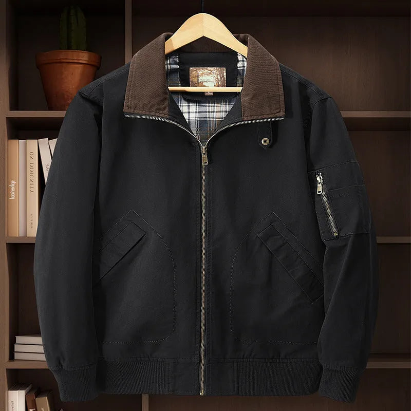 Men's washed cotton baseball jacket in Army Green, shown on a hanger.