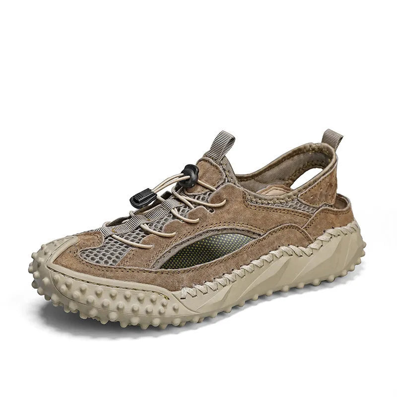 Men's black hollow sports sandals with leather mesh upper, rubber sole, and elastic band closure