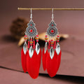 Round drop feather earrings with leaf pattern in Bohemian style, electroplated alloy in various colour options