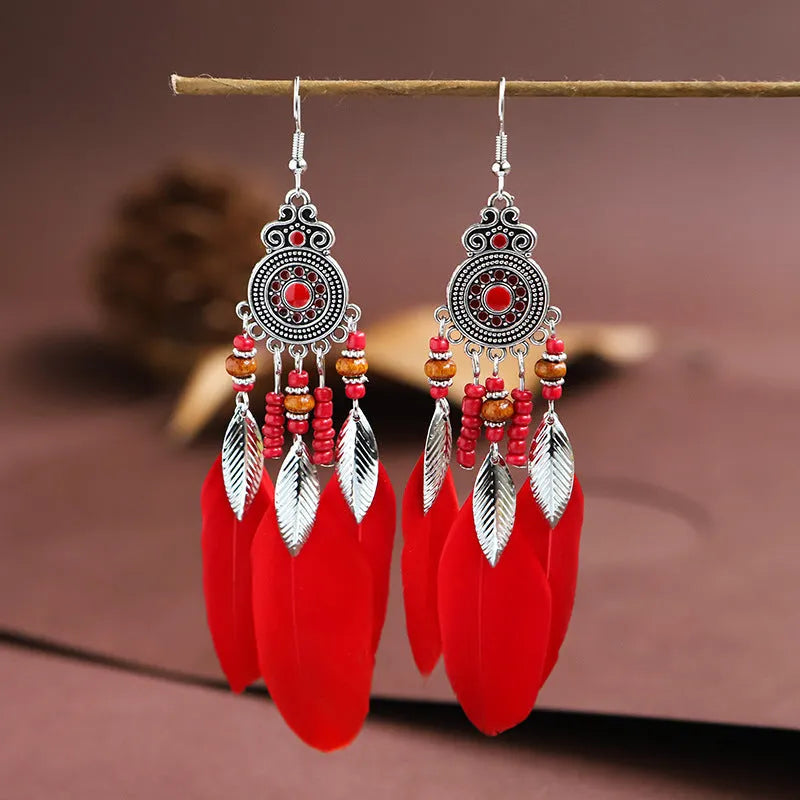 Round drop feather earrings with leaf pattern in Bohemian style, electroplated alloy in various colour options