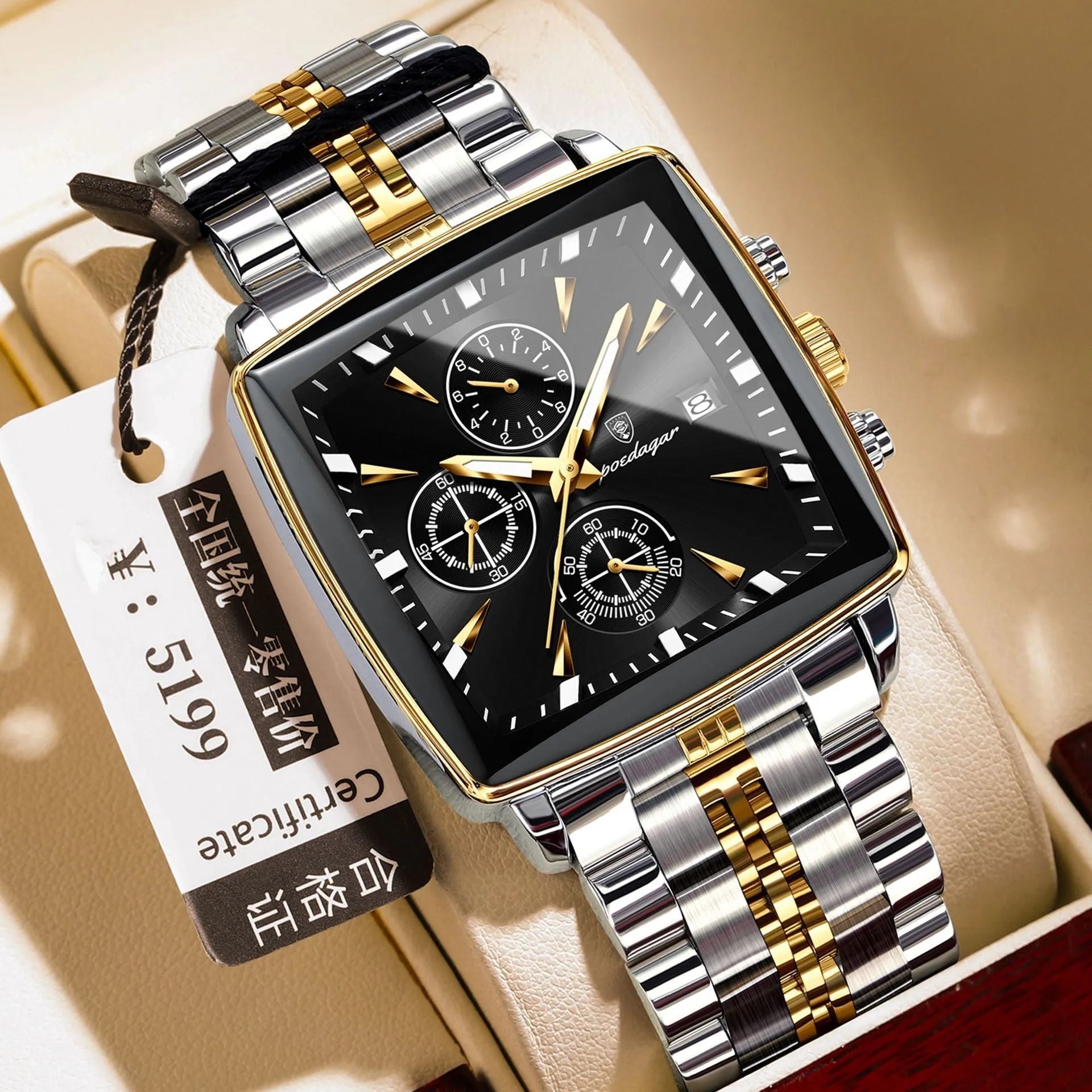Square men's business quartz watch with stainless steel strap and mineral glass face.