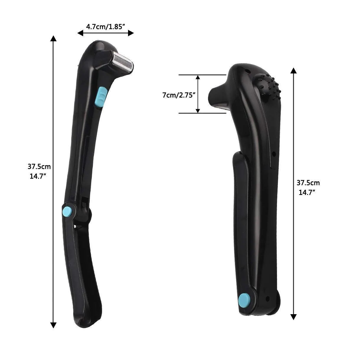 Black folding body electric shaver shown in open and closed positions