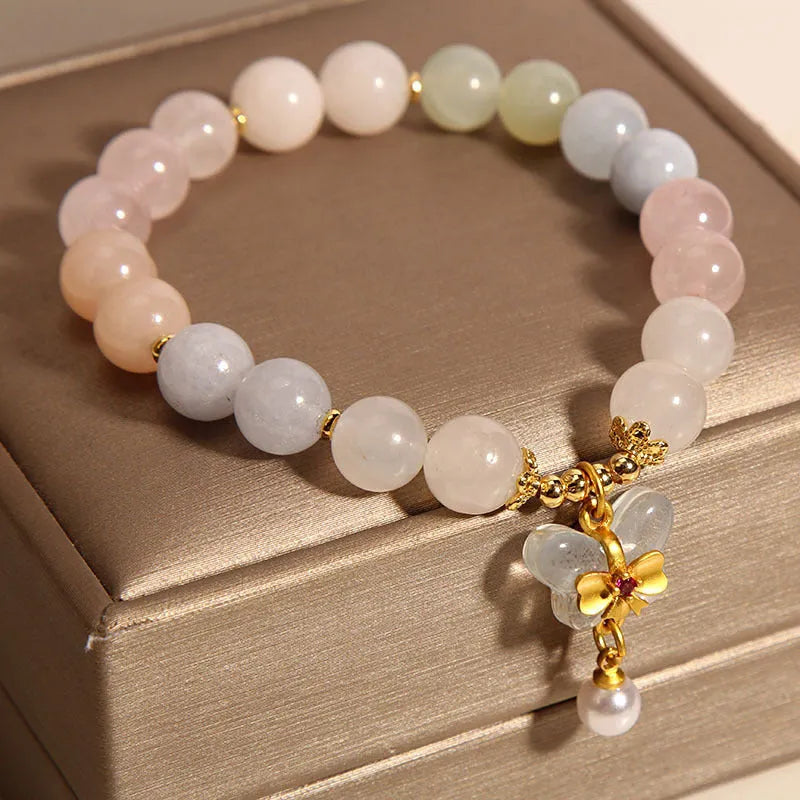 Colourful Morganite crystal bracelet with butterfly pendant for women