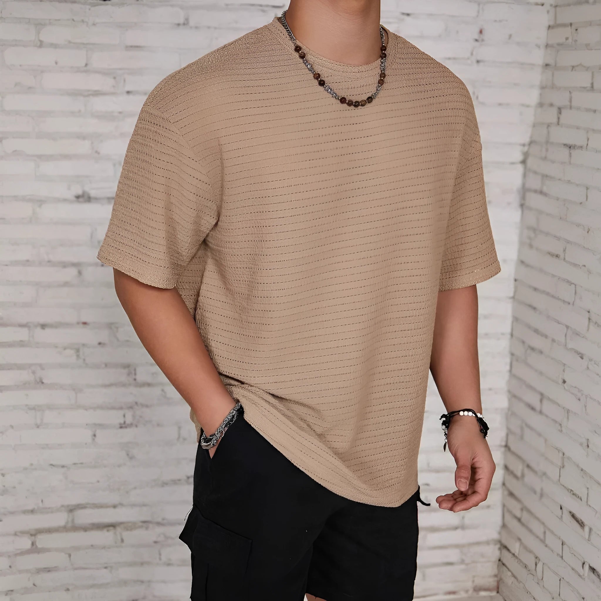 Men's loose fit round neck polyester t-shirt in light blue solid colour