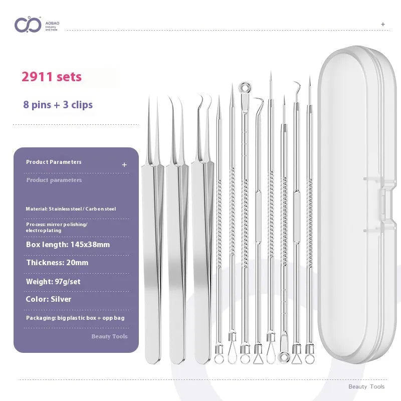 Four silver metal acne needles with pointed tips for skincare extraction