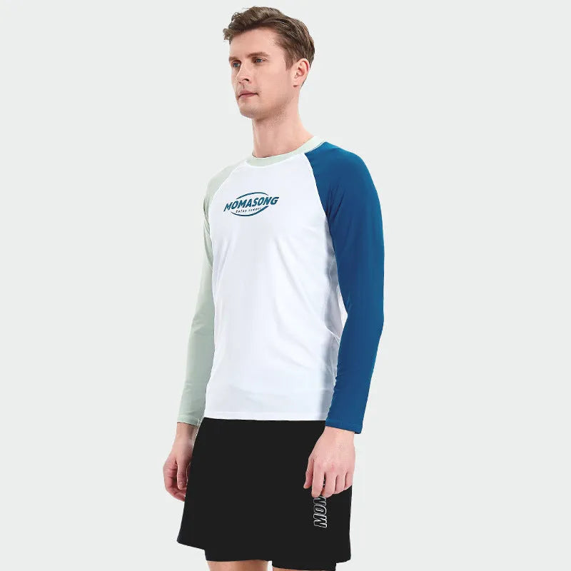 Men's white long-sleeved swim top with matching blue swimming trunks for beach sports.