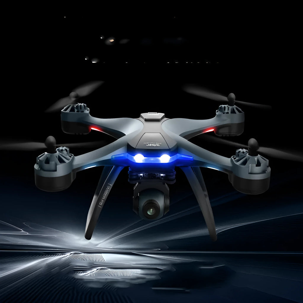 GPS quadrocopter drone with anti-fall protection and dual cameras, shown with remote controller and spare blades
