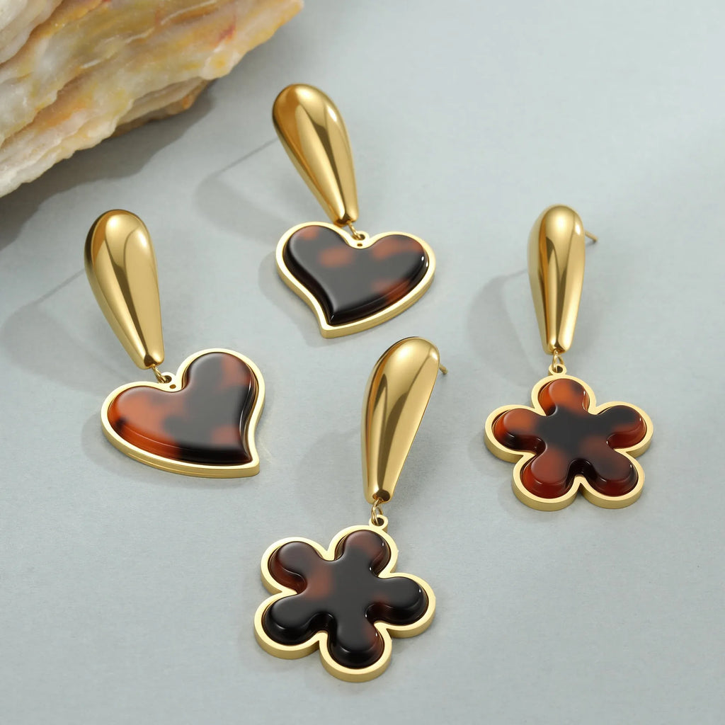 Tortoiseshell resin earrings with 18K gold electroplating in heart and flower geometric designs