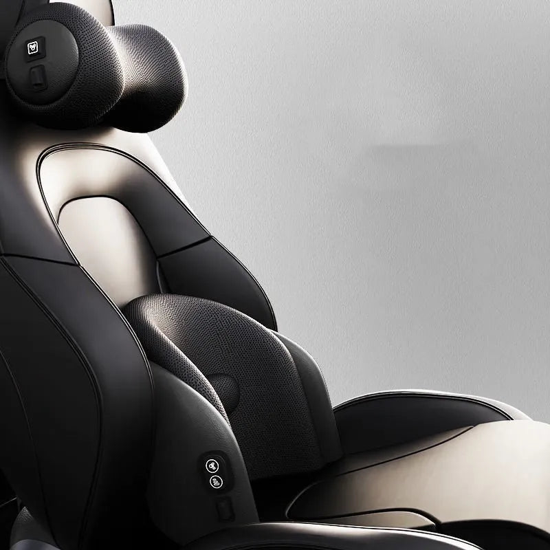 Car seat massage cushion with memory foam headrest and lumbar support in black, brown or gray