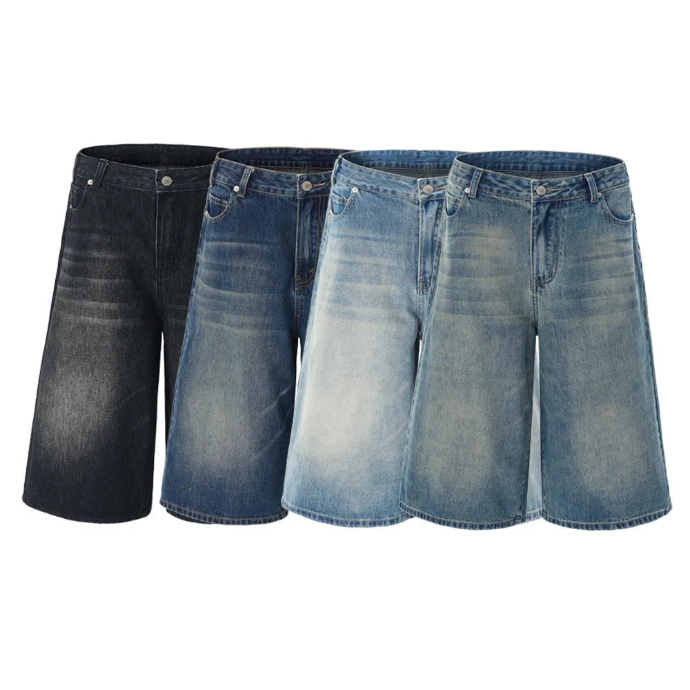 Men's loose straight-leg denim shorts in light blue on a model for summer