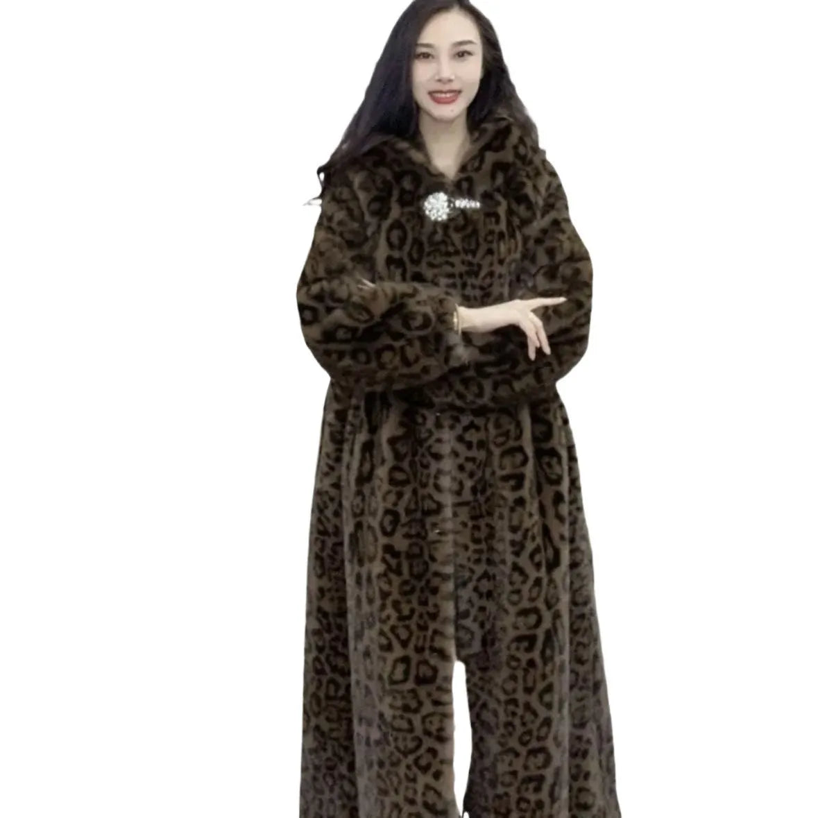 Loose plus size long brown leopard print faux fur coat on a hanger
