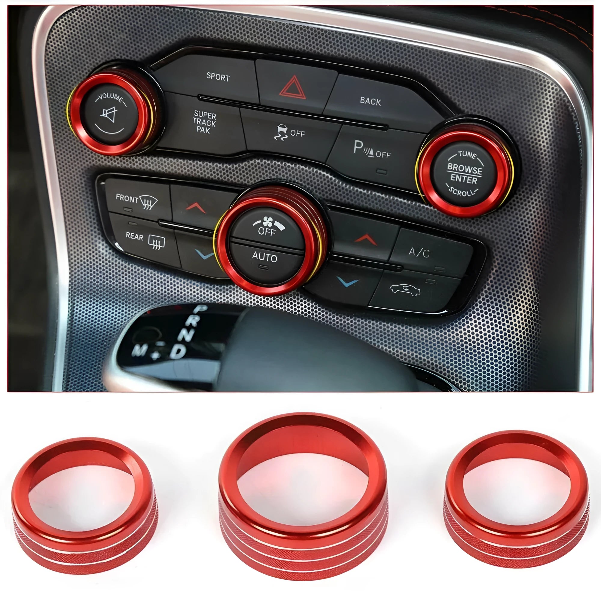 Aluminium alloy decorative ring for Dodge Challenger and Grand Cherokee air conditioning knobs in multiple colours