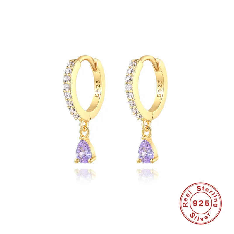 Geometric water drop earrings in Sterling Silver with electroplated gold finish and purple diamond stones