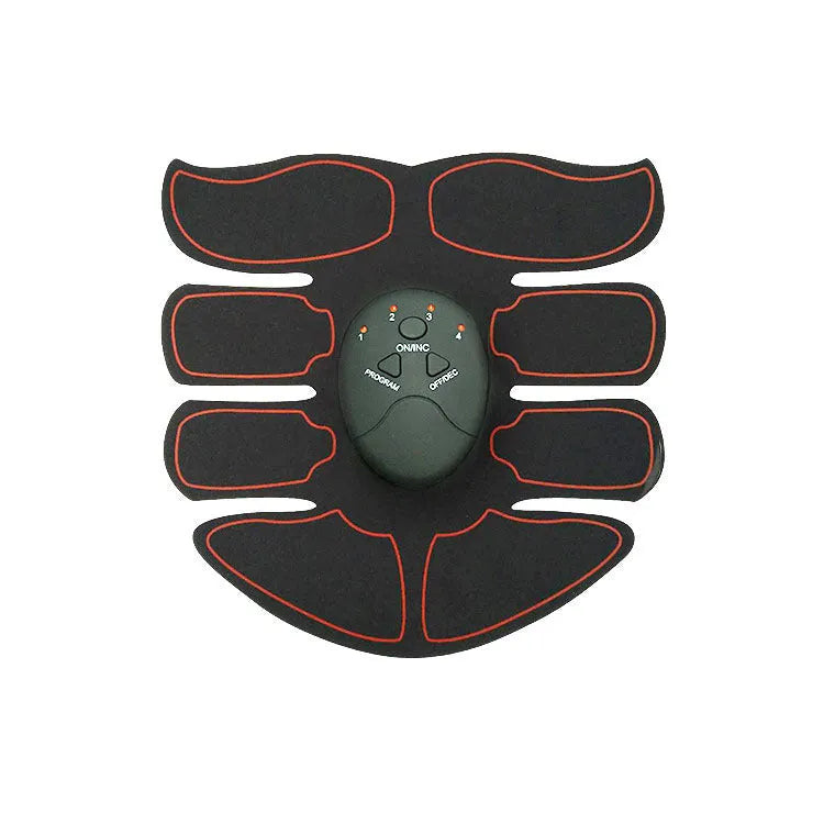 Abdominal muscle patch showing six electrode areas and digital display with charging port
