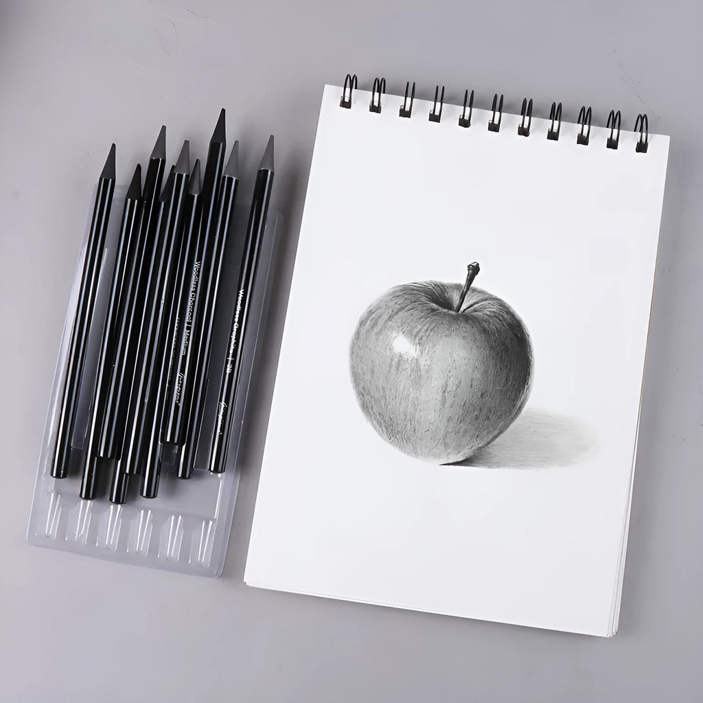 Graphite and carbonized drawing pencil set on a suction card, showing wooden-shell pencils.