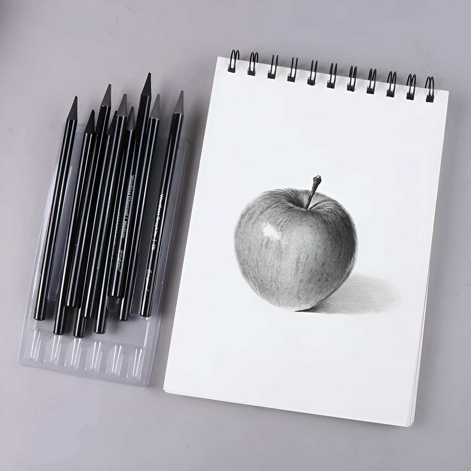 Graphite and carbonized drawing pencil set on a suction card, showing wooden-shell pencils.