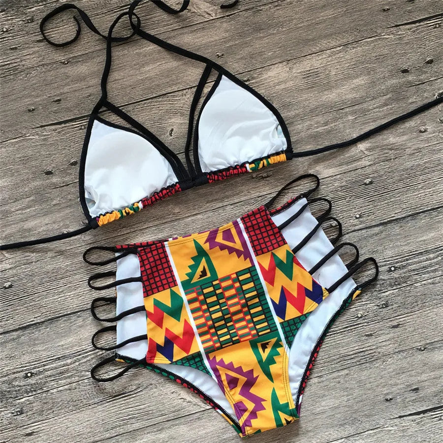 Women's high waist digital print swimsuit set with backless design and quick-dry properties