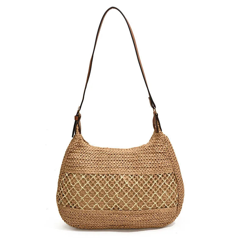 Women's casual straw crossbody bag in khaki colour with horizontal square shape and adjustable shoulder strap