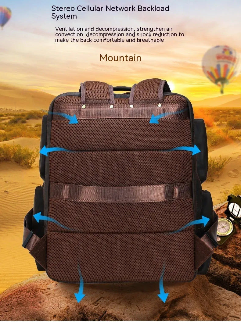 Dark brown genuine cowhide leather backpack with 17-inch laptop compartment and multiple internal organisers