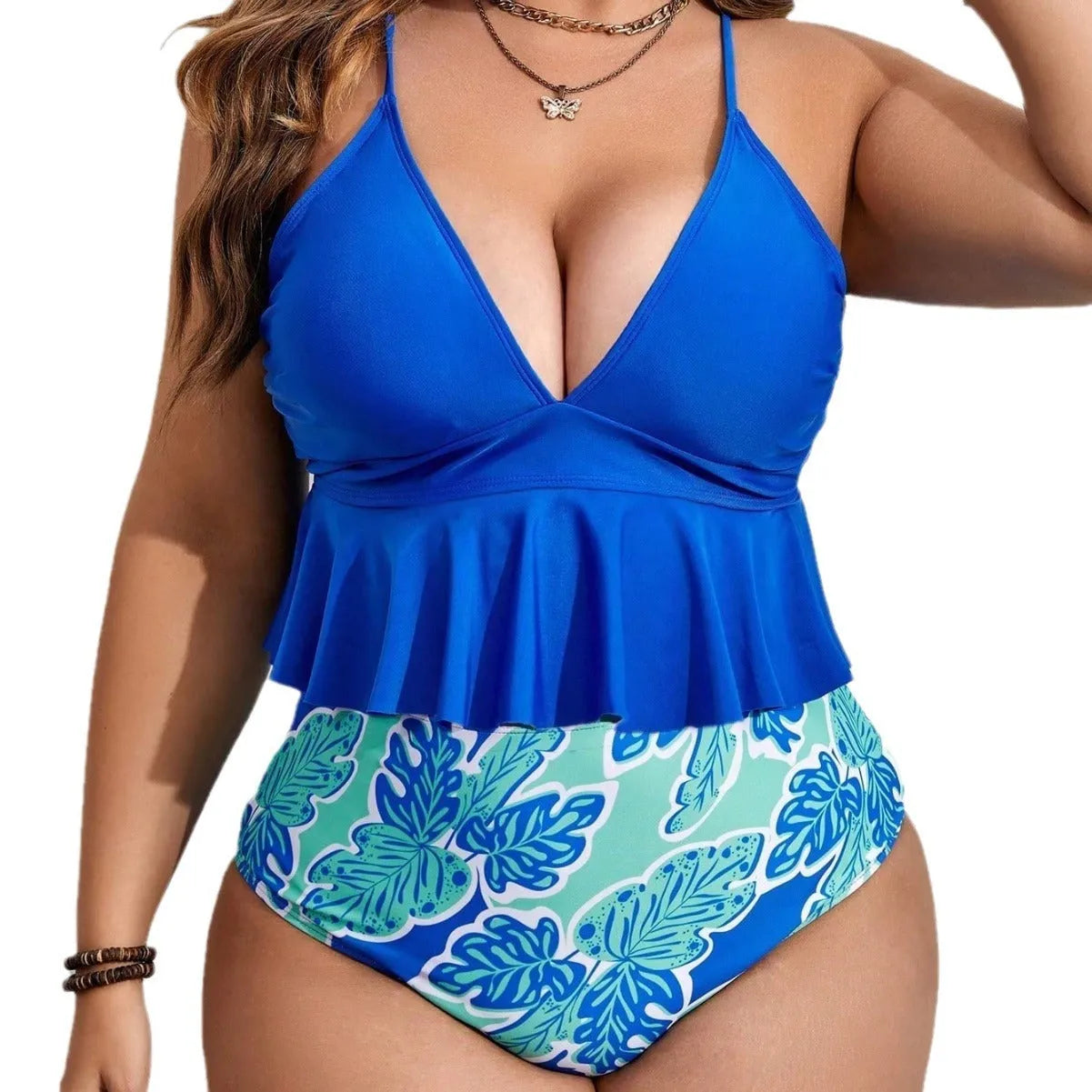 Blue plus size bikini set with briefs-style shorts and top for European and American fits
