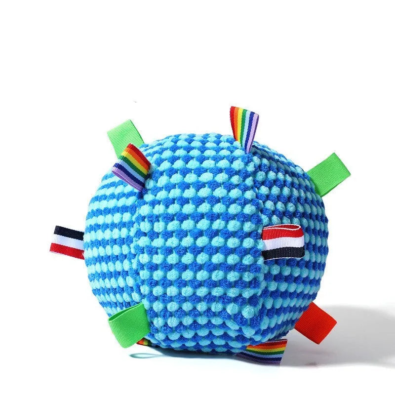 Blue and yellow pineapple lattice dog ball toy with ring rolling design, approximately 17cm diameter