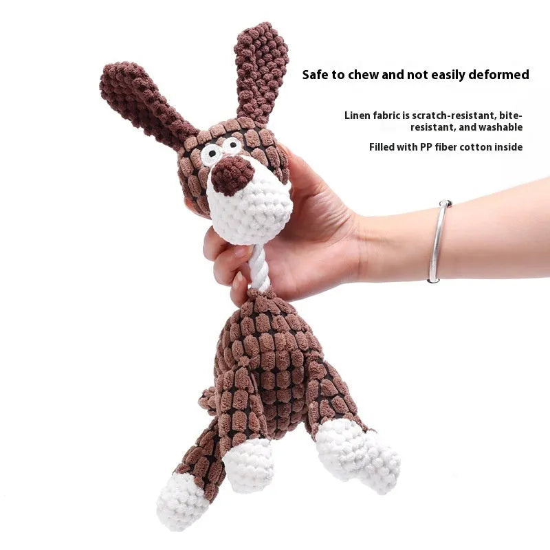 Bite-resistant plush puppy toy showing donkey, rechargeable duck, elephant, and dog styles
