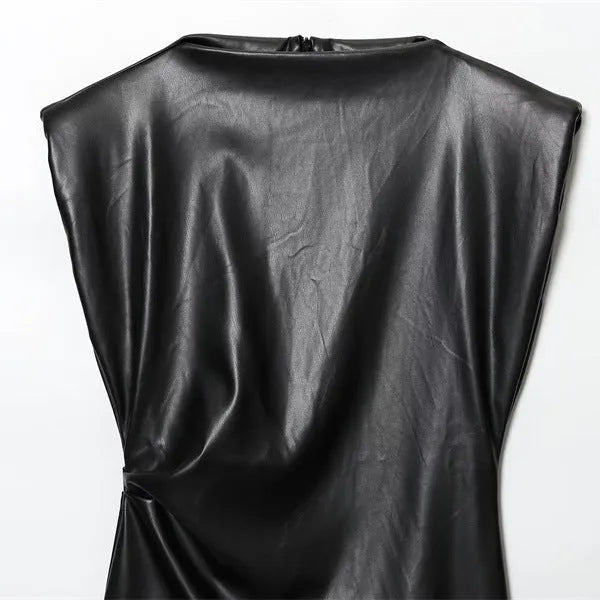 Black women's faux leather padded shoulder short dress with asymmetric hem and hooded design