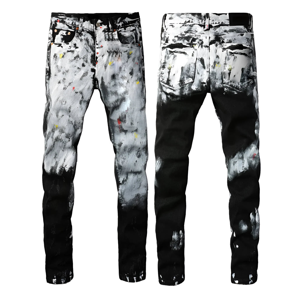 Black slim fit skinny jeans with straight leg, button fly, and manual distressing detail.